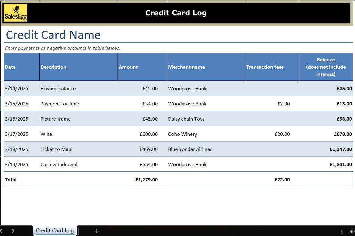 Credit Card Log