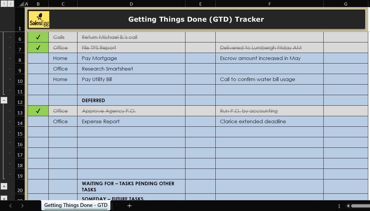 Getting Things Done (GTD) Excel Template