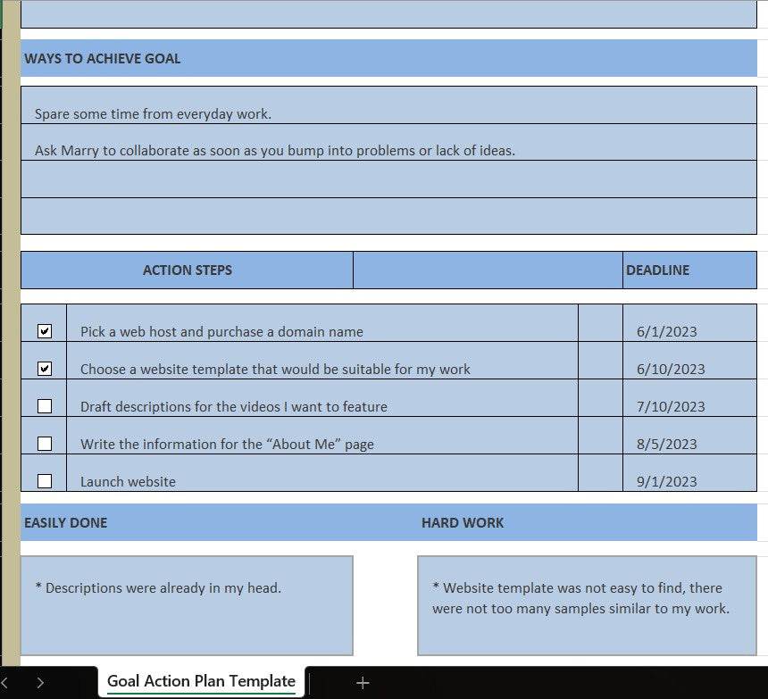 Goal Action Plan Excel Template