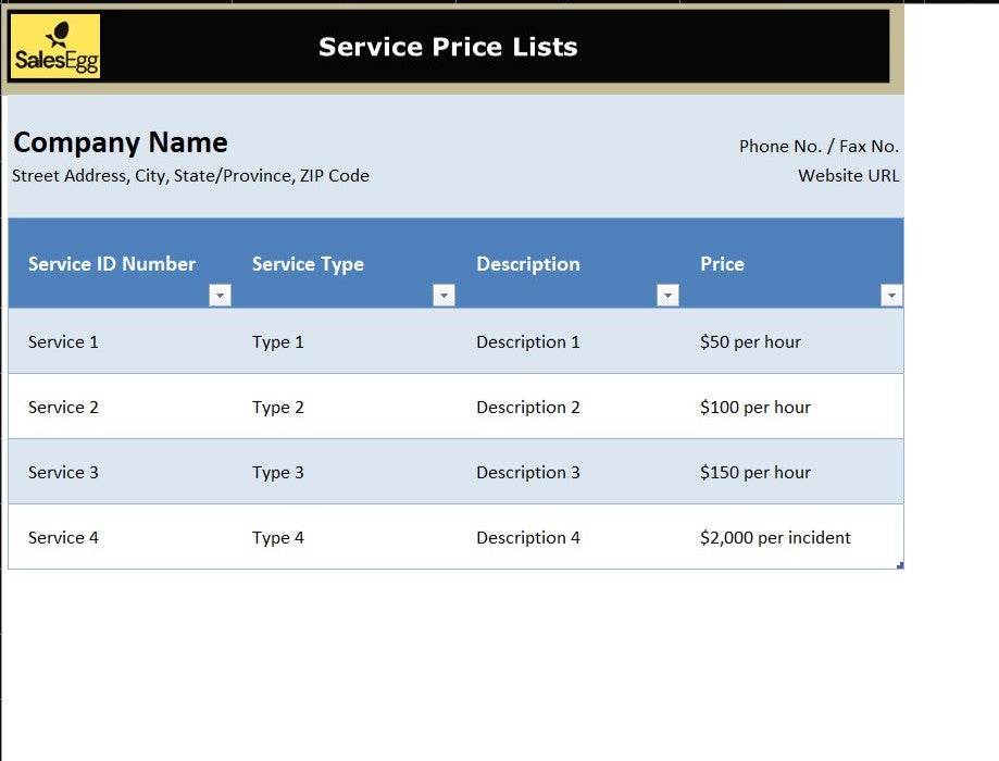 Service Price List