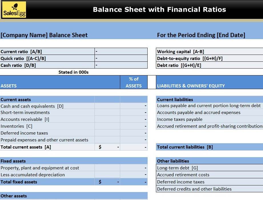 Balance Sheet with Financial Ratios Excel Template