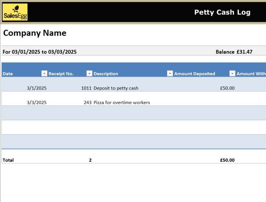 Petty Cash Log