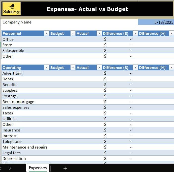 Expenses: Actual vs estimate comparison Planner