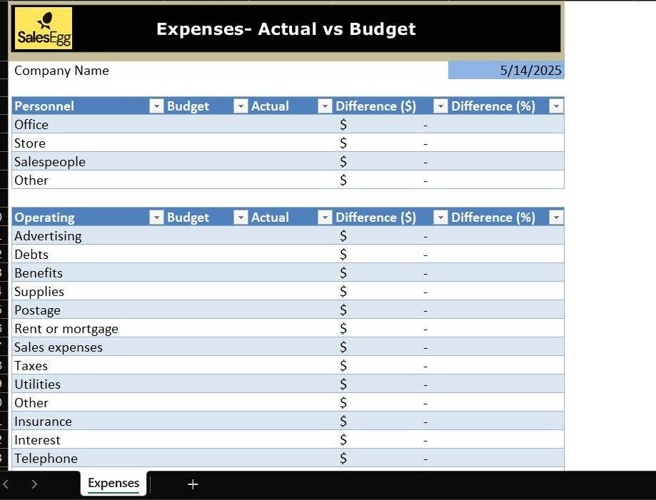 Expenses: Actual vs estimate comparison Planner