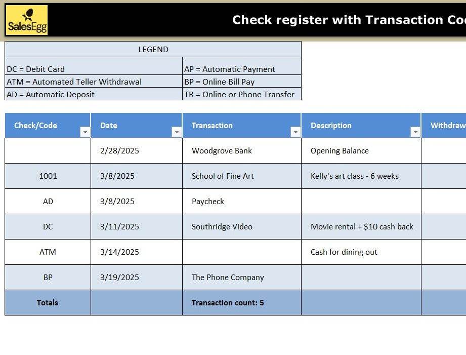 Check Register with Transaction Code